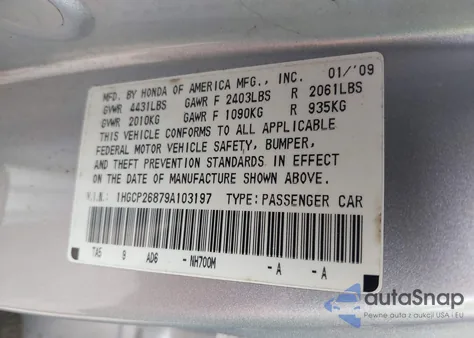 2009 Honda Accord 2.4 Ex-L from USA, damaged, VIN 1HGCP26879A103197